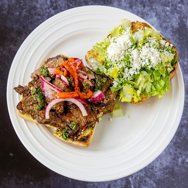 Thinly Sliced Grilled Tri-Tip Steak Sandwich.